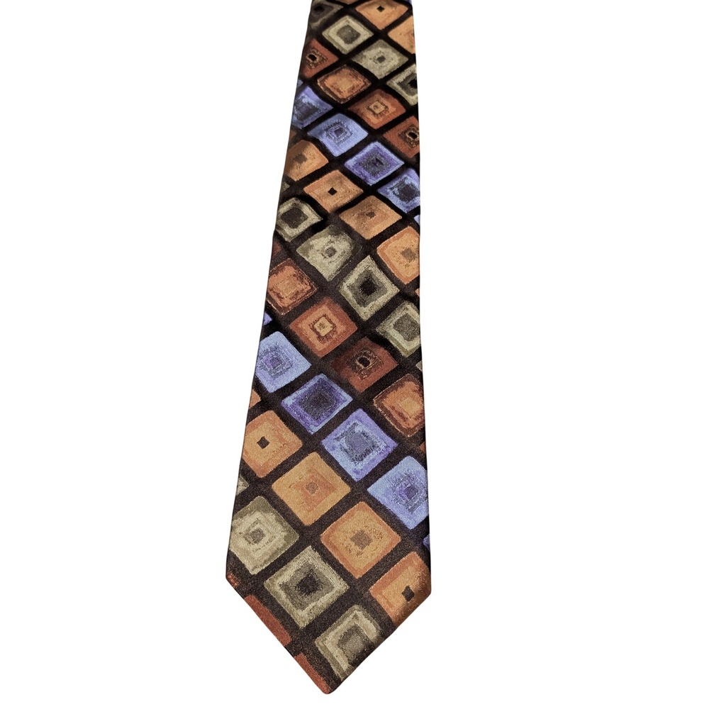 Ted Baker Necktie Mens Brown Geometric Diamond 100% Silk Hand Tailored USA